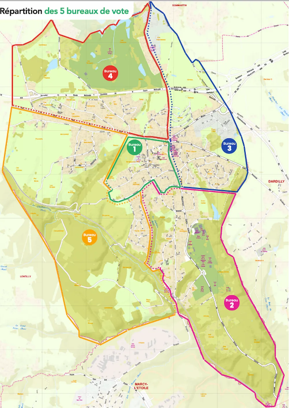 Carte des 5 bureaux de vote de La Tour de Salvagny